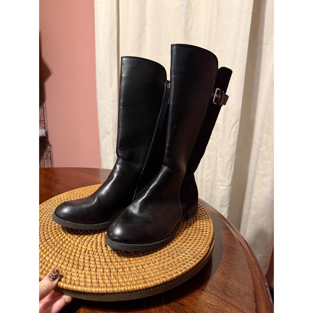 Black Tall Riding Boots Mixed Media Faux Leather Suede Buckle Detail Size 4